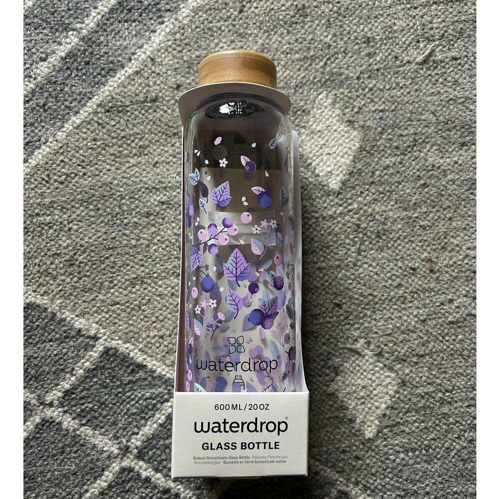 New Purple Woodland + Floral Glass Water bottle w/Thermal Sleeve 20oz